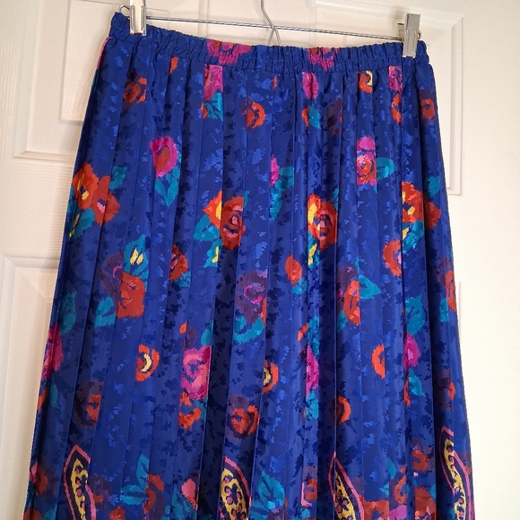 Vintage 80s/90s Paisley Floral Pleated Midi Skirt Royal Blue M - Picture 6 of 9
